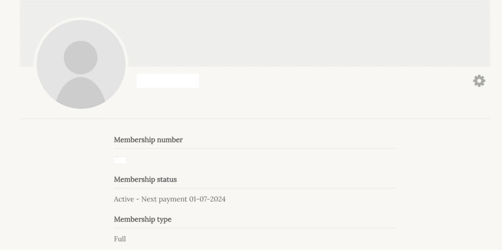 The User profile page. Listed items - Membership number, Membership status, Membership type.